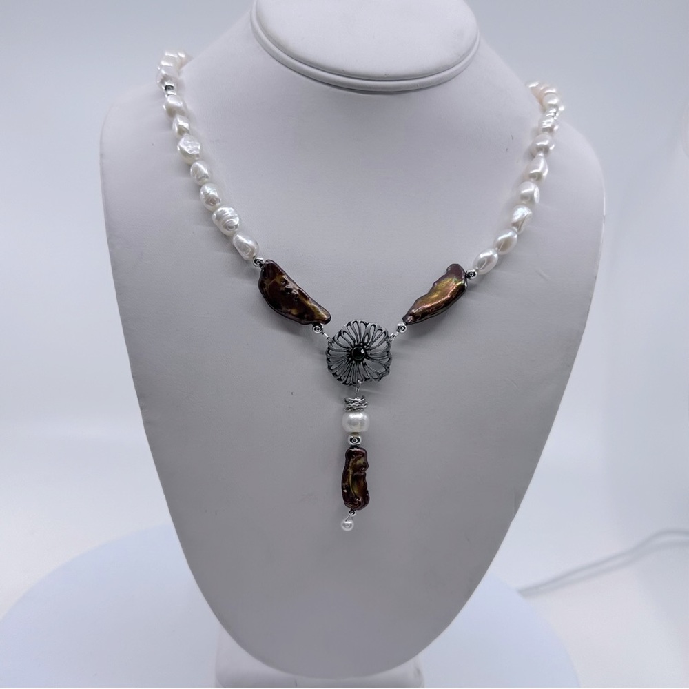 New Handmade Genuine Freshwater Pearl Necklace With Copper Color Keishi & Flower